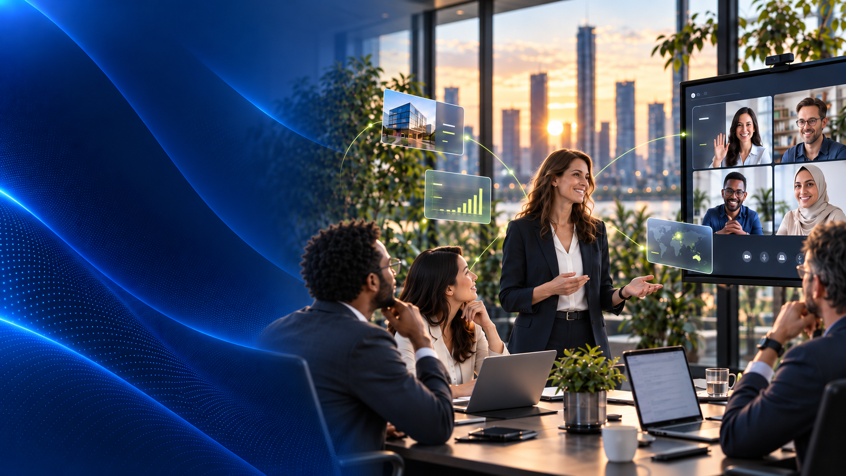 HybrU Vision: a team collaborating in a city-view hybrid space while remote colleagues join on a video wall