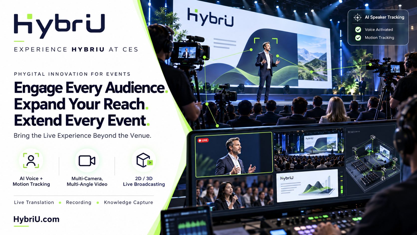 HybriU for Events: Engage Every Audience. Expand Your Reach. Extend Every Event. A keynote on stage captured by AI speaker tracking and multi-camera live broadcasting